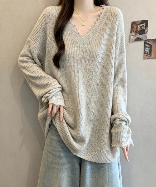 witch ニット セーター ダメージ加工 Vネック・オーバーサイズニット