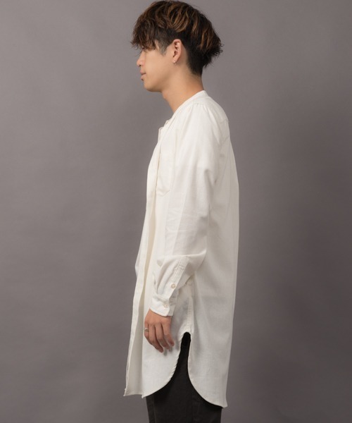 MGV（エムジーヴィー） シャツ ロング丈綿麻バンドカラーシャツ メンズ