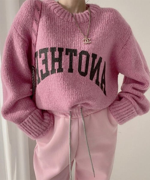 archivio ピンク ロゴ入り セーター 40 MAISON DE THERESE ニット セーター ANOTHERロゴ入り クルー