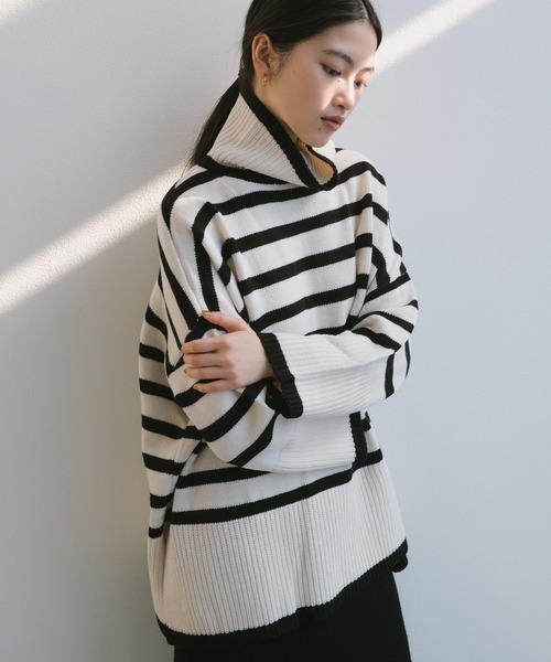 andme（アンドミー） ニット セーター タートルネック長袖ボーダー