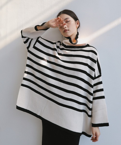 andme（アンドミー） ニット セーター タートルネック長袖ボーダー