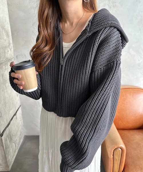 andme カーディガン ショート丈スポンディッシュニットパーカー