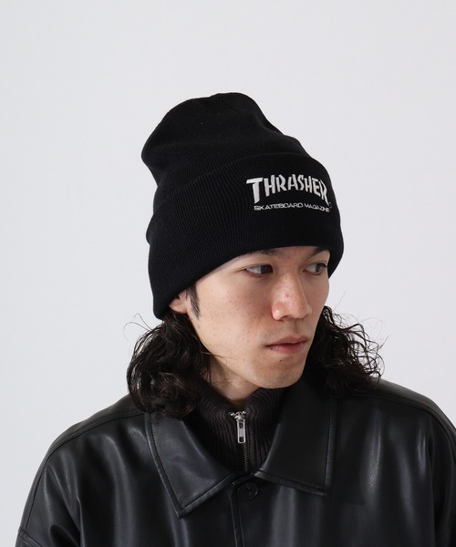 【オシャレ☆THRASHER】黒　ニット帽　サイズFREE THRASHER ニット帽 ニットキャップ LONG KNIT CAP メンズ