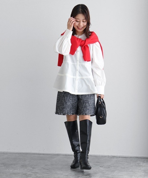 マルチサイズ ブラウス シャツ パフスリーブペプラムシルエットブラウス レディース Pierrot ブラウス シャツ パフスリーブペプラムブラウス