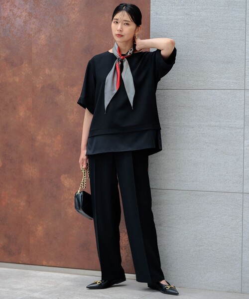 今期【洗える】ネイビー　ストレッチ ジョーゼット ラウンドネック カットソー 23区 tシャツ 「洗える」ストレッチジョーゼット ラウンドネック