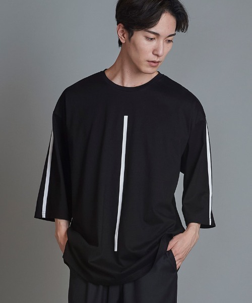 NO ID. tシャツ mlt4827-ラインプリント7分袖BIG-T Tシャツ