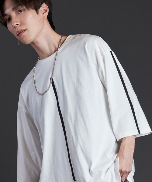 NO ID. tシャツ mlt4827-ラインプリント7分袖BIG-T Tシャツ