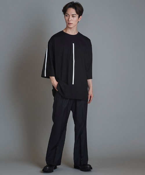 NO ID. tシャツ mlt4827-ラインプリント7分袖BIG-T Tシャツ