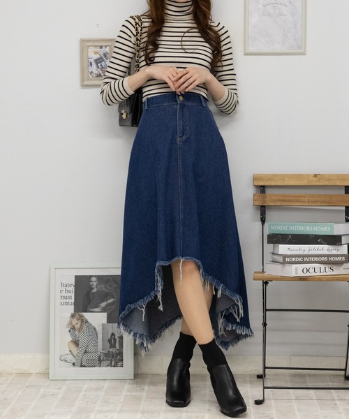最終値下げPINUEアシメフレアデニムスカート(BLUE) pinue ピヌエ｜スカート