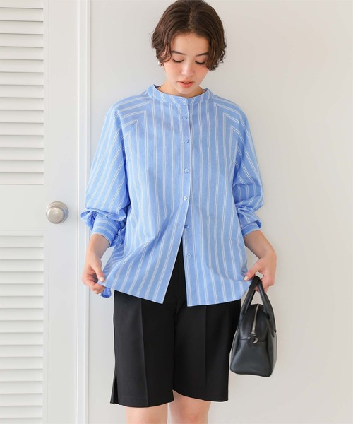 かずみ様レルビエバックフリルストライプシャツサックス LHELBIE（レルビエ）の「バックフリルストライプシャツ（シャツ