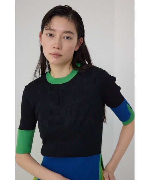 【PLUS】カラーブロッキング5分袖ニット/レディース/トップス ニット  5分・7分袖 ブランド AZUL PLUS【SALE】 OTONA ニット レディース セーター 長袖 ピンク ふわもち 肩