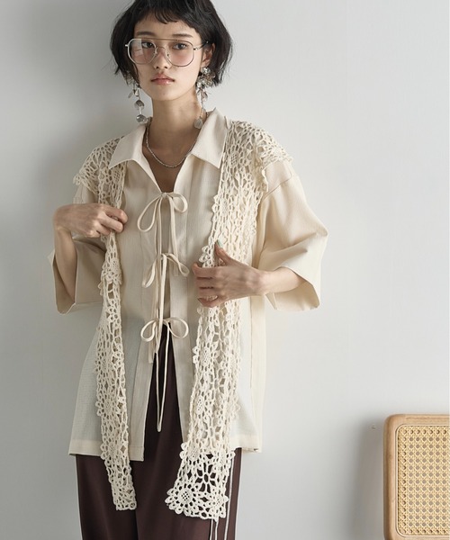 ♩美品♩ YONFA ヨンファ　ルージーハーフシャツ THE Yon ブラウス シャツ リボンアクセントルーズフィットハーフ