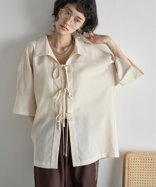 ♩美品♩ YONFA ヨンファ　ルージーハーフシャツ THE Yon ブラウス シャツ リボンアクセントルーズフィットハーフ