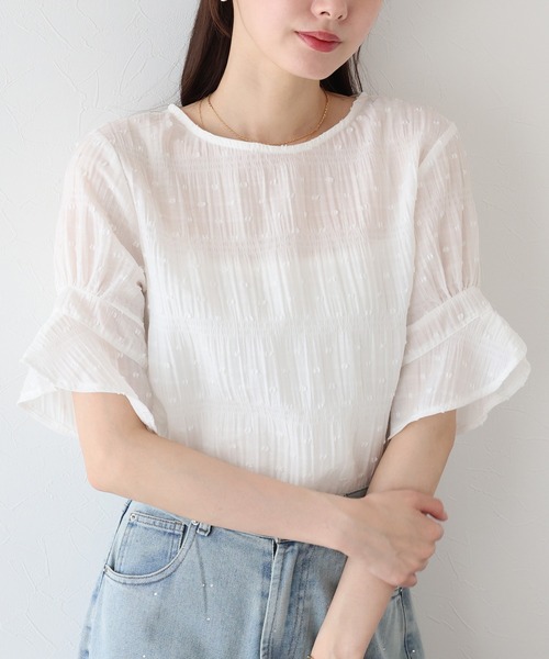 BLUEEAST ブラウス シャツ シアードットフリル袖ブラウス
