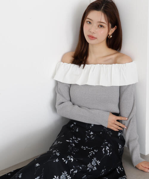 【美品】  OBLI / オブリ | ボーダーフリルニット | ホワイト/ブラック | レディース フリルニット/ブラック | TOPS | OBLI