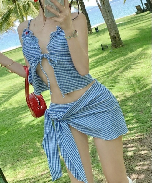 gossip!ロサンゼルス 水着 チェック柄フリルビキニセッ 温泉水着3点