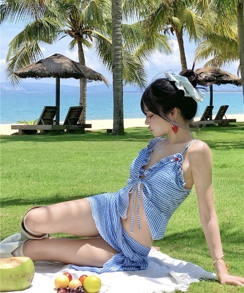 gossip!ロサンゼルス 水着 チェック柄フリルビキニセッ 温泉水着3点