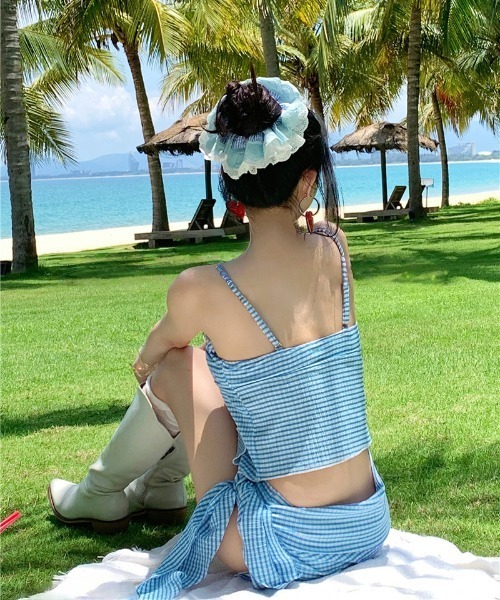 gossip!ロサンゼルス 水着 チェック柄フリルビキニセッ 温泉水着3点