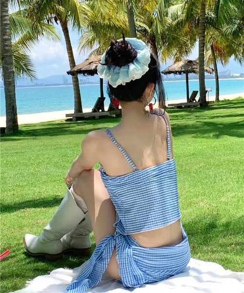 gossip!ロサンゼルス 水着 チェック柄フリルビキニセッ 温泉水着3点