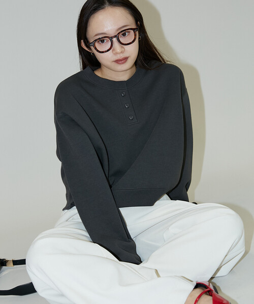 「PUBLUX」 スウェットカットソー フリ- チャコールグレー レディース_画像4