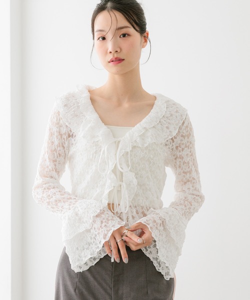 Heather（ヘザー） tシャツ フリルレースカーディガン 660895