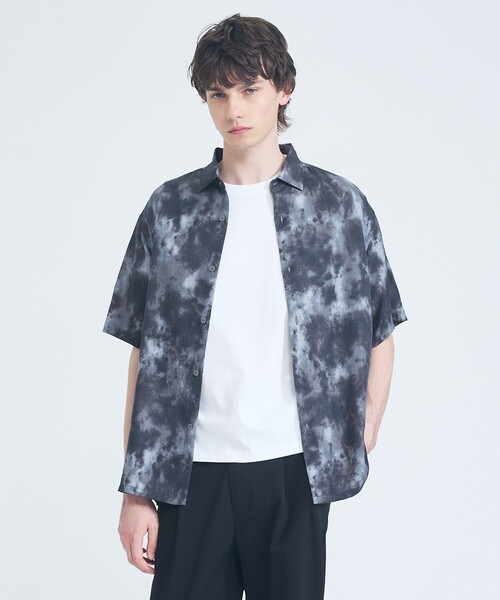 ABAHOUSE GRAY シャツ 半袖 「リネンブレンド」アブストラクト柄 半袖