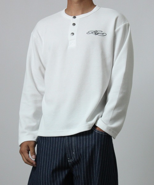 NYLAUS（ナイラス） ヘンリーネック tシャツ 「NYS」ボーンプリント