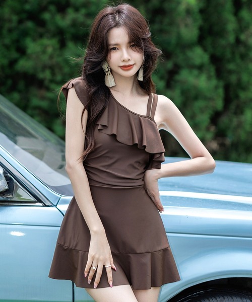 水着 ジョーゼット風 バックオープン オールインワン スイムウェア