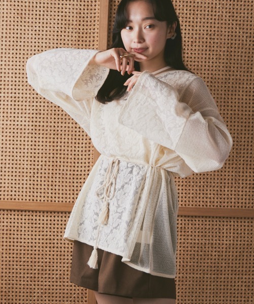 moi tytto シャツ ブラウス 切替えメッシュ編みトップス レディース 