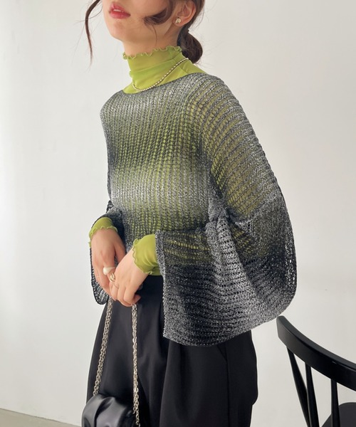 ニット セーター クロップド丈 バルーンシルエット プルオーバーメランジニットセーター レディース CLEA ニット セーター グラデーション メッシュクロップド丈