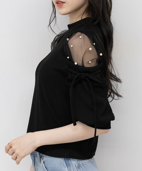 pumpkin port tシャツ Tシャツ 肩リボン チュール＆パール
