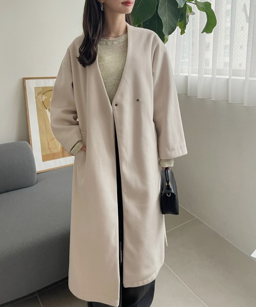 TREOVER ノーカラーコート コート サイドスリット ノーカラーロング