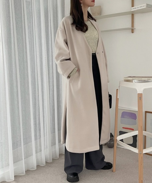 TREOVER ノーカラーコート コート サイドスリット ノーカラーロング
