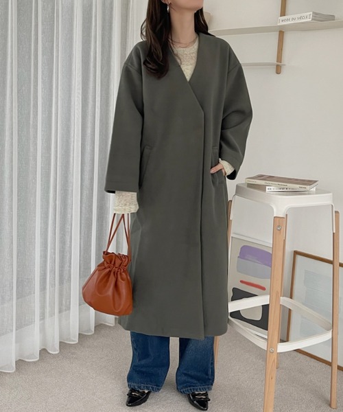 TREOVER ノーカラーコート コート サイドスリット ノーカラーロング