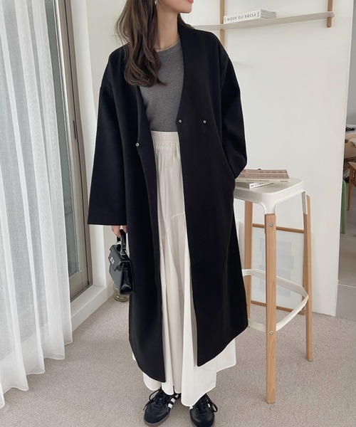 TREOVER ノーカラーコート コート サイドスリット ノーカラーロング