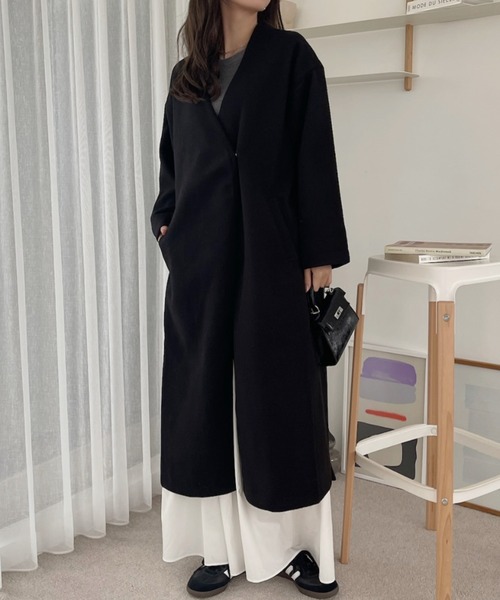 sakura散歩道 極美品 ノーリーズ ロングコート ノーカラーコート TREOVER ノーカラーコート コート サイドスリット ノーカラーロング