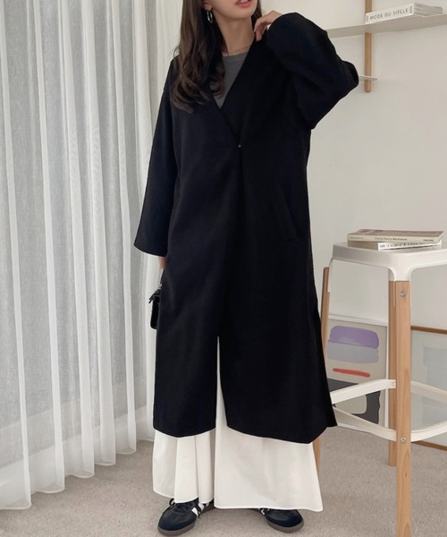 TREOVER ノーカラーコート コート サイドスリット ノーカラーロング