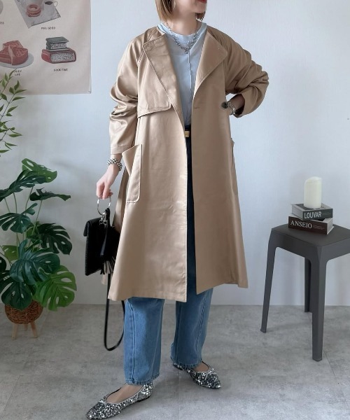 LBC ノーカラーコート コート ノーカラーガンパッチゆるコート