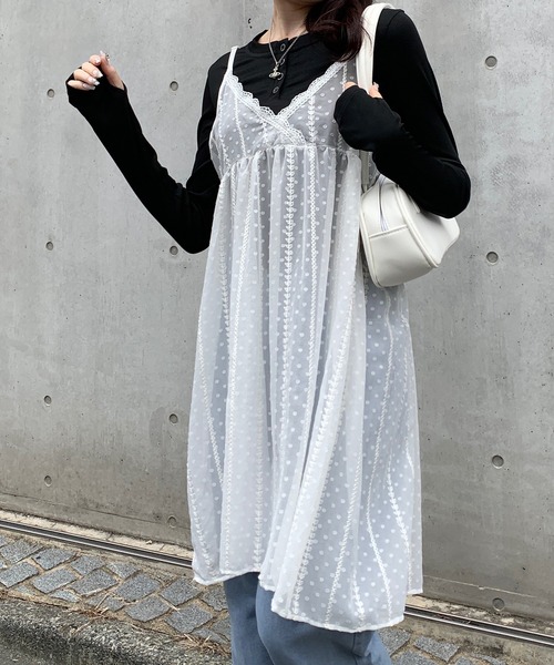 ワンピース レイヤード刺繍シアーキャミソールチュニックワンピース