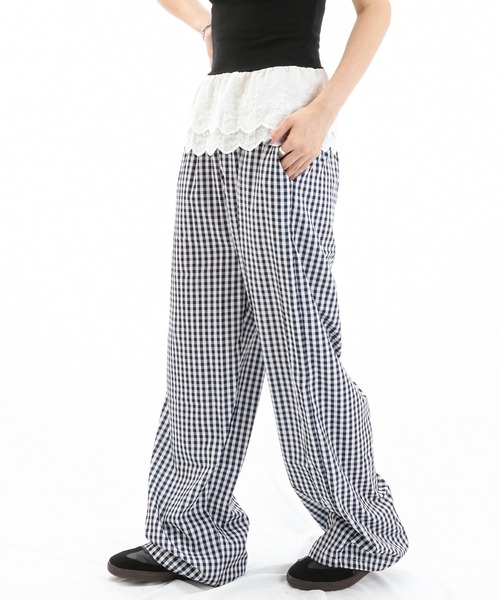 ワイドパンツ パンツ ギンガムチェックルーズパンツ レディース