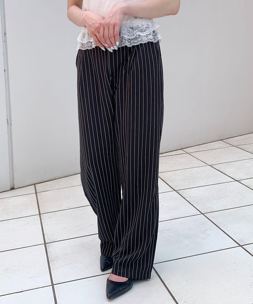 スラックス パンツ ハイウエスト ピンストライプ ワイドパンツ