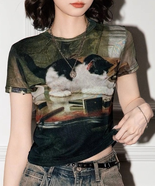 CELENA BEATS tシャツ 「猫プリント × シアー素材」キャットフォト