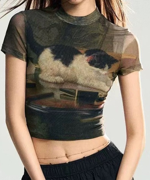 6 (ROKU) - vavaminia 猫プリント シアーメッシュ Tシャツ ミニ クロップド丈 CELENA BEATS tシャツ 半袖 「猫プリント × シアー素材」キャット