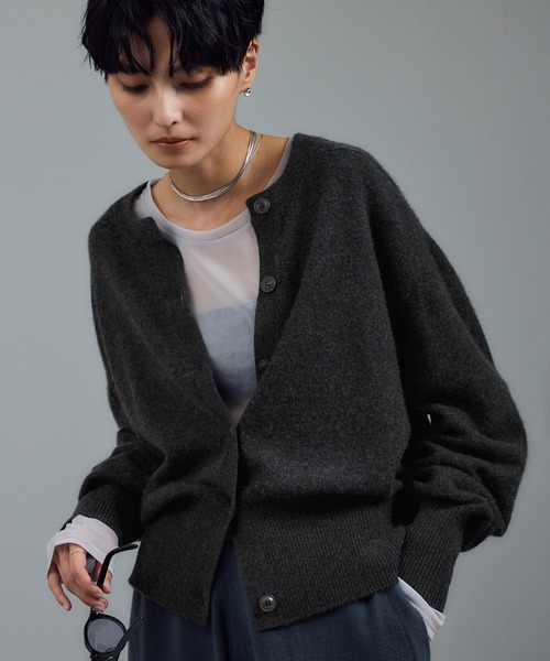 カーディガン カシミヤクルーネックニットカーディガン レディース