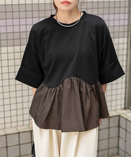 ＆HALF tシャツ バイカラーギャザーフリルトップス レディース