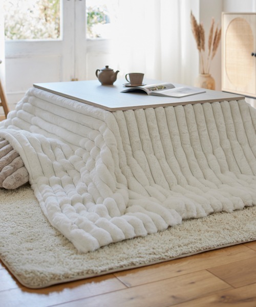 ベッド 寝具 モコモコこたつ掛け布団 ストライプ ラビットファー調