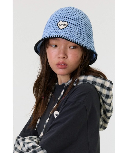 emis キャップ 帽子 HEART RUBBER PATCH KNIT BUCKET HAT レディース