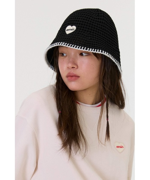 emis キャップ 帽子 HEART RUBBER PATCH KNIT BUCKET HAT レディース