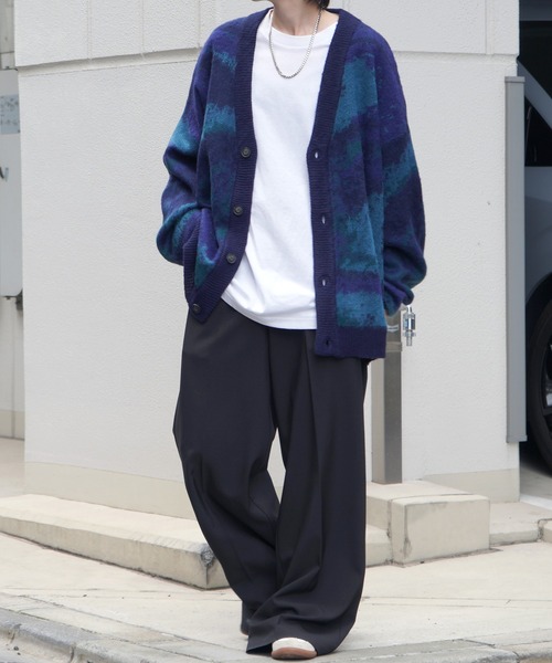 ◇DOUBLE SHOCK ダブルショック ターゲットマーク モヘアカーディガン K-MATTY Zip-up cardigan with contrast panels｜グレー｜メンズ