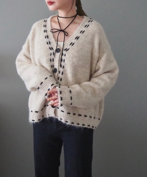 カーディガン bicolor stitch cardigan /Vネックバイカラーステッチニットカーディガン レディース
